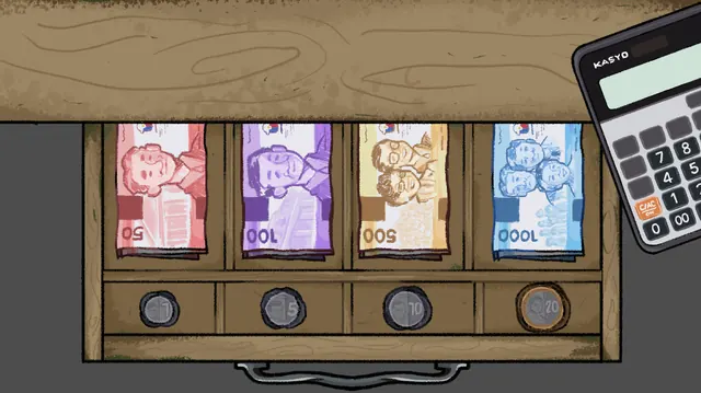 The peso notes and coins in the cash drawer