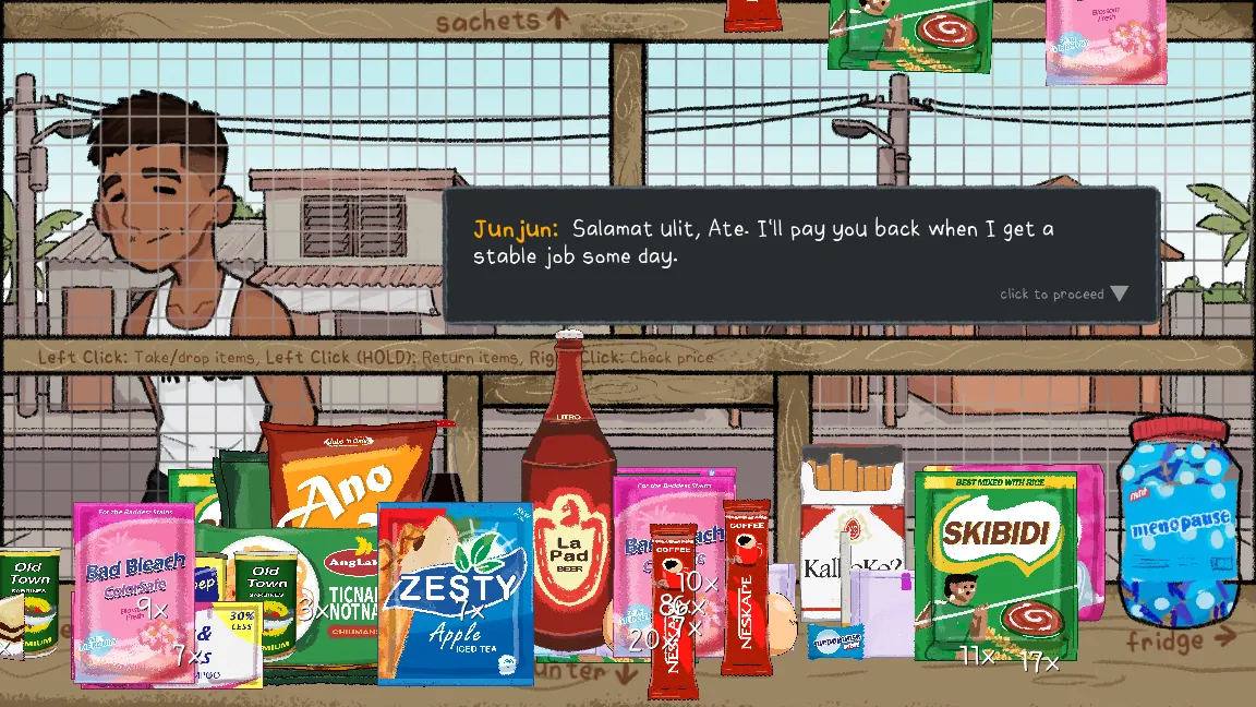Junjun speaking to the shopkeeper with groceries on the counter