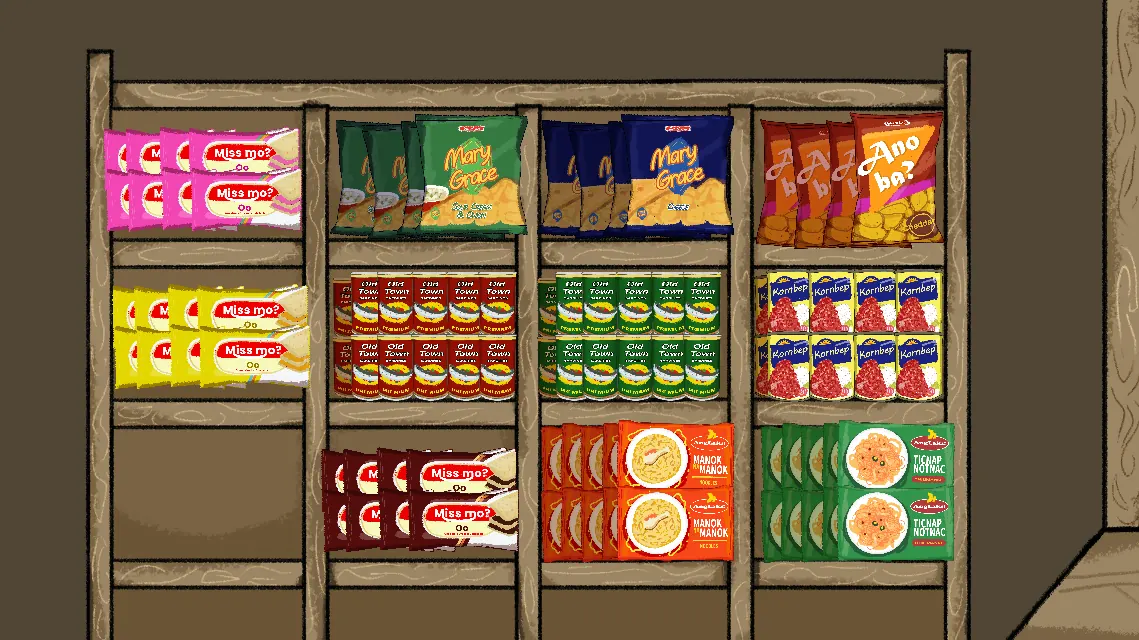 Shelves with snacks, canned food and noodles